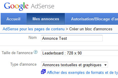 taille annnonce adsense