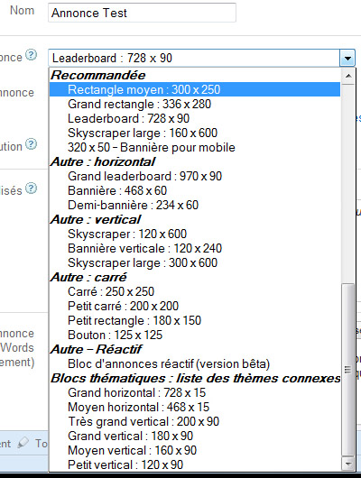 La taille des annonces Google Adsense dimensions annonces Adsense Google