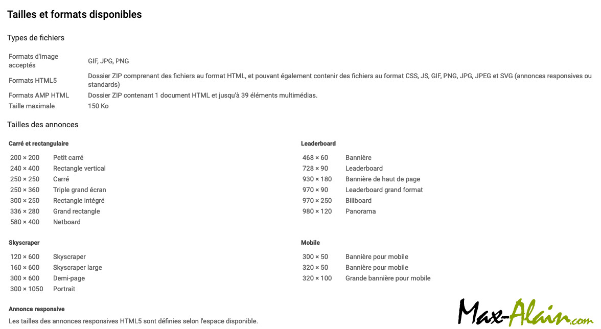 Dimensions des annonces illustrées Google Adwords annonces adwords dimensions des images